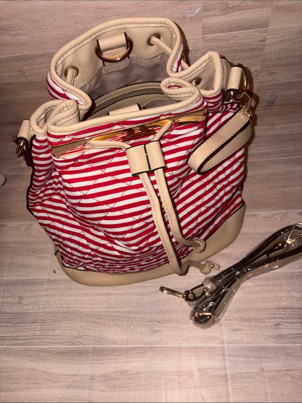 Striped Red and Cream Drawstring Shoulder Bucket Bag